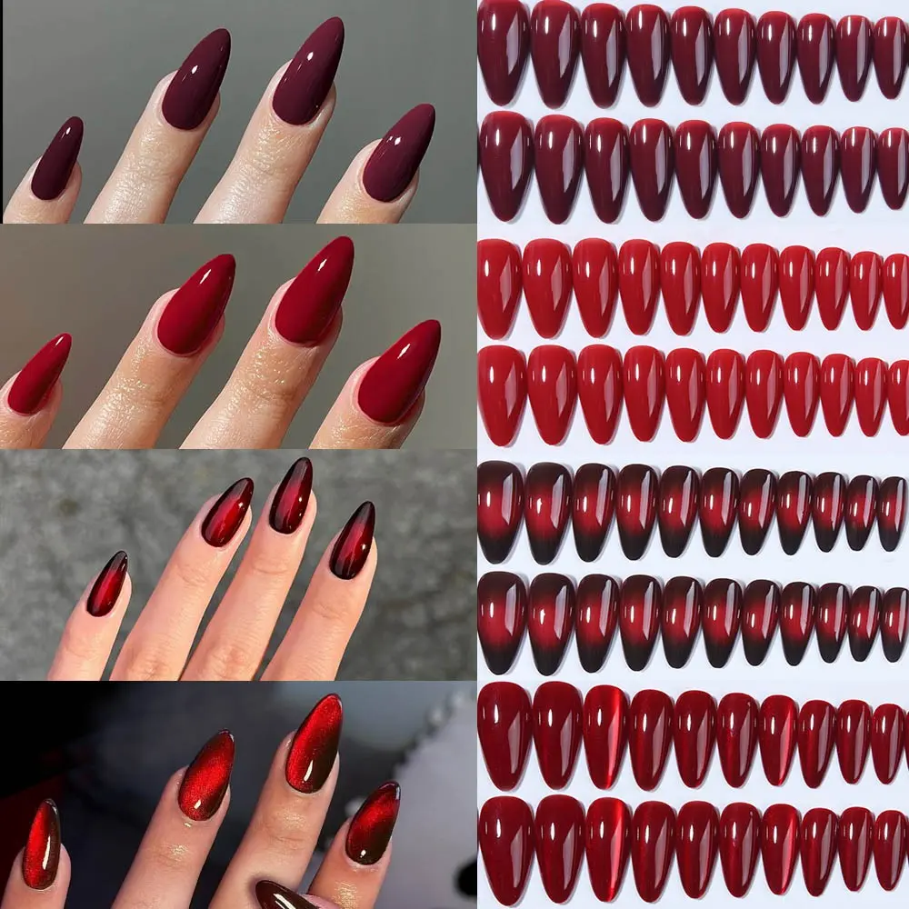 96pcs Almond Gloss DIY Nails Art Stickers, Blood Crystal Cat Eye Acrylic Nails, Almond Fake Nails, Long Design, Perfect Fit False Nails Set, Nail Design Kit, Includes Jelly Glue & Nail File, Nail Art Products