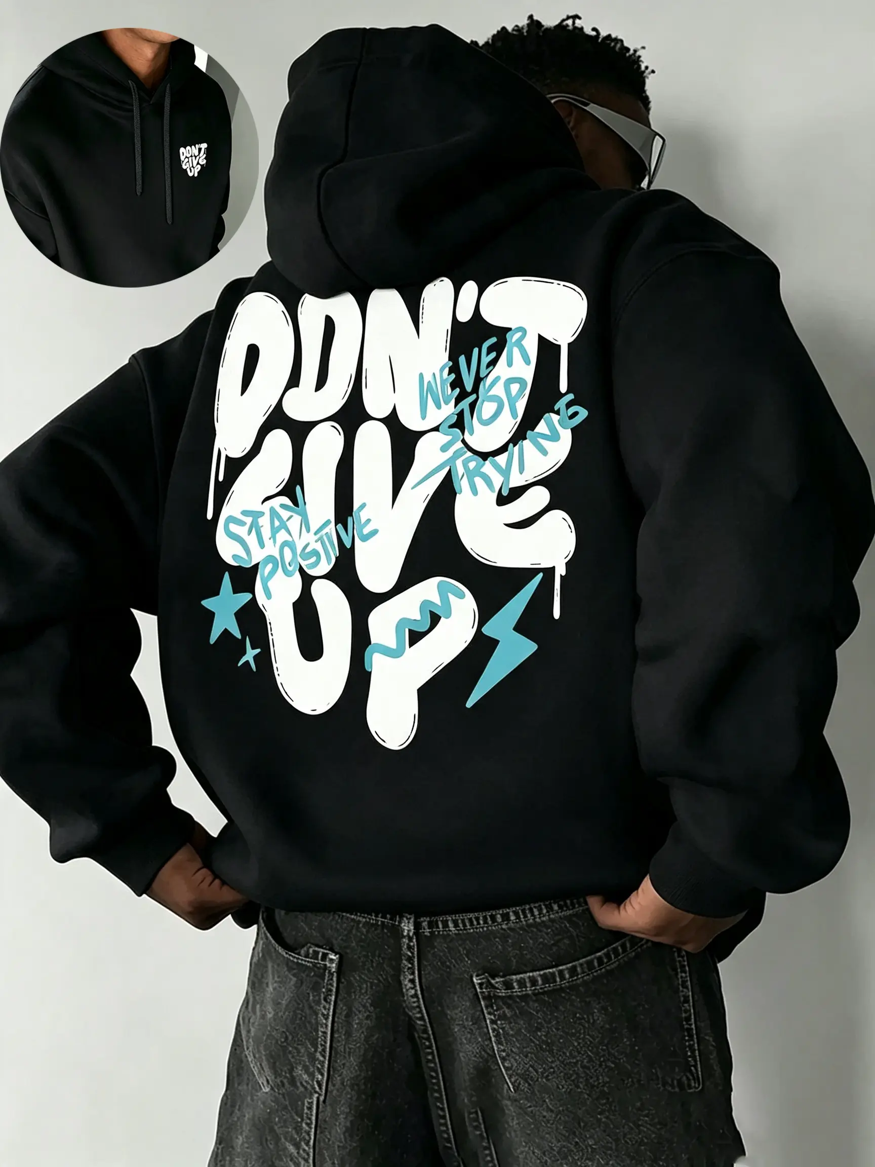 Men’s oversized hoodie with “DON'T GIVE UP” lettering printed on both front and back, unisex streetwear pullover hoodie for couples, trendy graffiti graphic hoodies, casual loose long-sleeve hooded top for the back-to-school season Cargo Classic