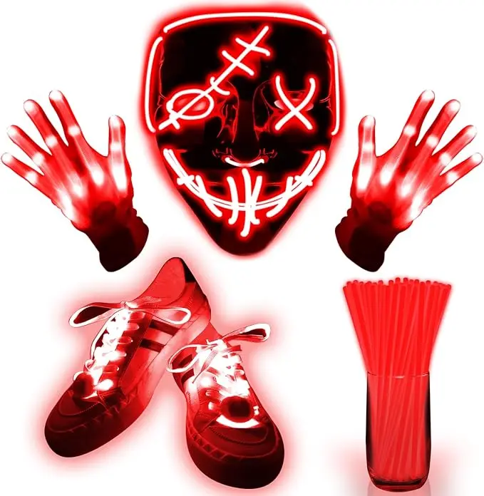 4 Set Halloween LED Mask Light Up Gloves Glow Shoelaces 20 Glow Sticks 20 Connector Scary Halloween Costume Party Adult (Red)