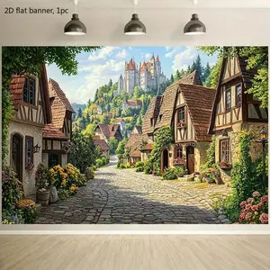 2D flat banner, 1 piece. A magnificent medieval village street background, adorned with lush greenery and a distant castle - a photo background themed around fairy tales, made of durable polyester fabric, suitable for parties, kdj