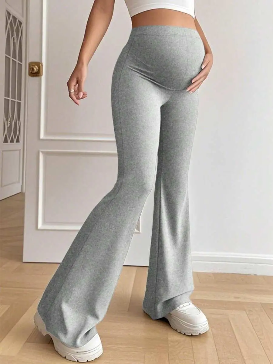 Women's Solid Color High Waist Elastic Casual Flare Pants, Maternity Pants