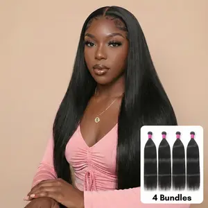 Straight Bundles Human Hair Unprocessed Brazilian Virgin Weave 4 Bundle  14A Human Hair Bundles 16-30 Inch for Women Natural Black Wavy Human Hair Extensions