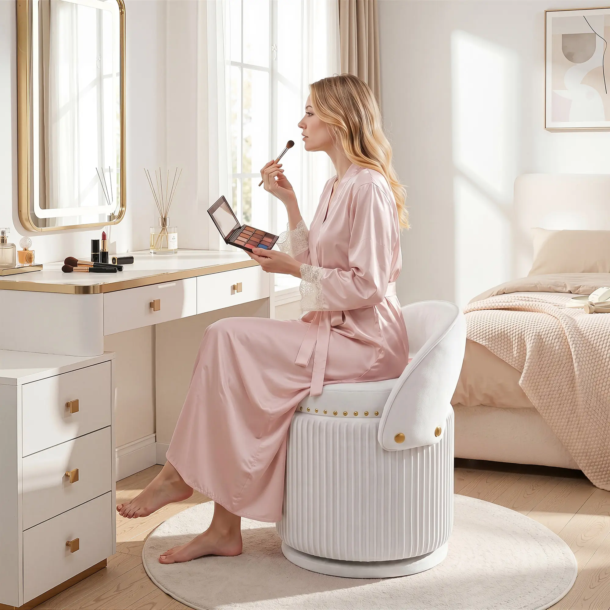 Raybee Velvet Vanity Chair with Storage& Nailhead Trim, 360 Swivel Makeup Chair with Wave Back, 300 lbs, Modern Small Accent Stool Barrel Armchair for Women Girls Bedroom, Dressing Room, Dorm,Compact Cute Space Vanity Seat Footstool, Cozy Accent Chair