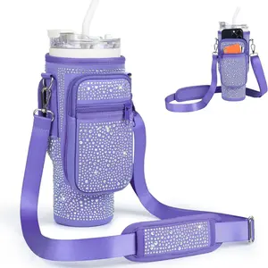 Stylish Shiny Rhinestone 40 oz Neoprene Water Bottle Sleeve, Adjustable Crossbody Strap Tumbler Carrier with Phone Pocket & Card Holder, Outdoor Hiking Bling Accessory Gift for Women