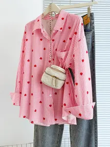 Women's Heart Print Shirt, Oversized Loose Long Sleeve Casual Top, Comfortable Daily Wear, Stylish and Trendy Design, Model 8327