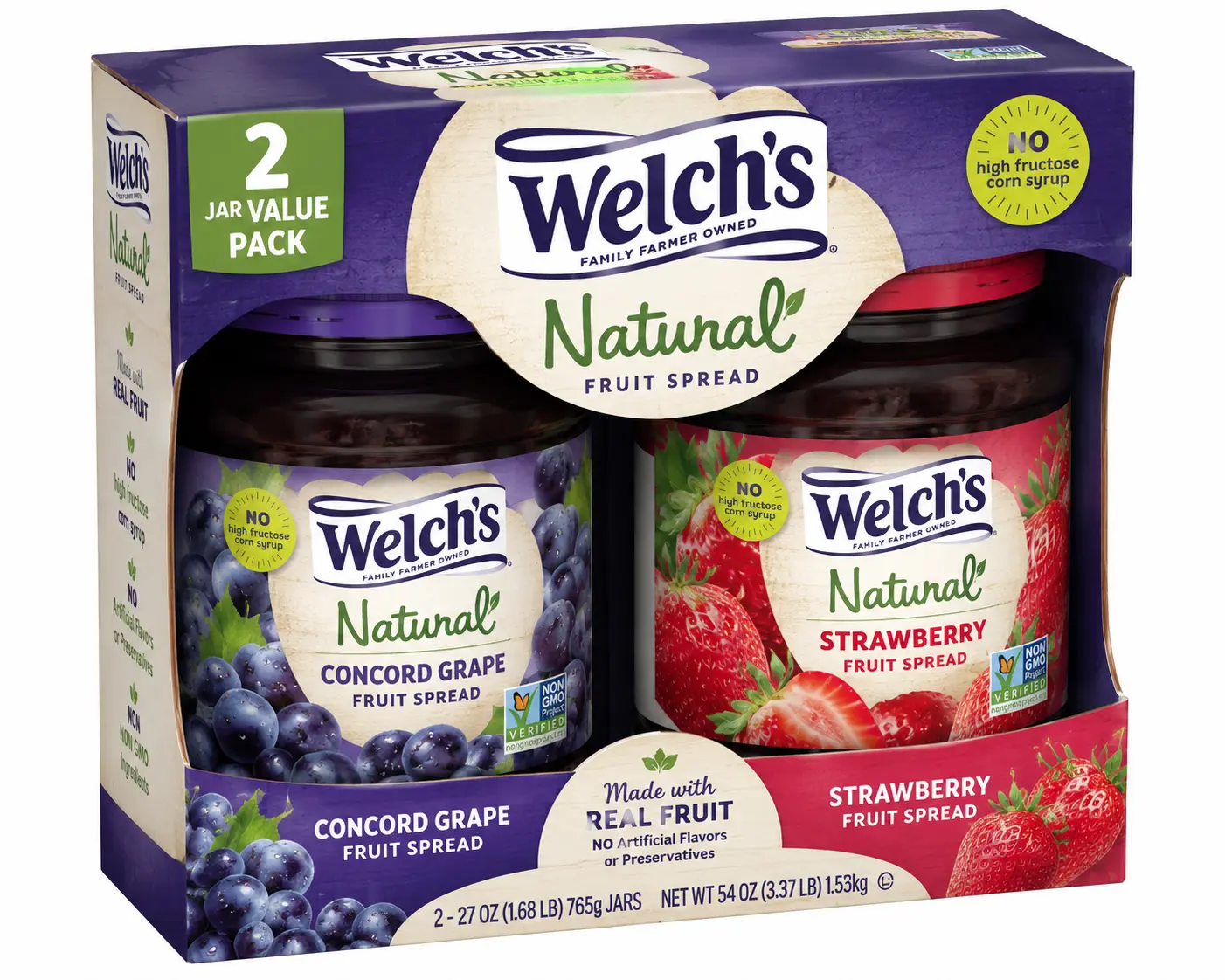 Welch's Natural Fruit Spread Variety Pack – Concord Grape & Strawberry, 27 oz Jars, 2-Pack, No High Fructose Corn Syrup, Non-GMO Fruit Spread