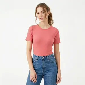 Women's Pink Short Sleeve Bodysuit Crew Neck Slim Fit Ribbed Knit Tops Trendy 2026 Outfits Versatile for Daily Wear