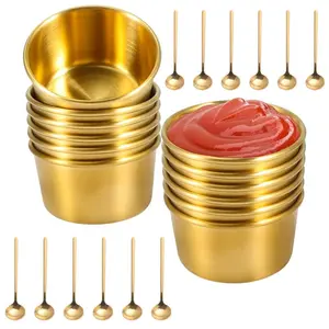 12 Packs 60ml Sauce Dipping Bowl & 12 Packs 18/8 Stainless Steel Espresso Spoon, Mini Sauce Cups and Gold Stirring Spoons for Home Party Restaurant
