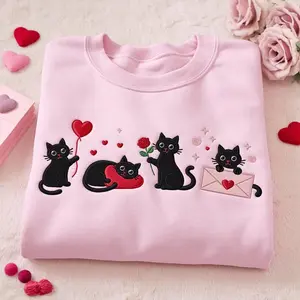 [MADE IN US] Cute Cat Embroidered Sweatshirt, Valentines Day Cat Shirt, Embroidered Cat Mama Hoodie, Cute Valentines Day Sweater, Valentines Day Meow Tee
