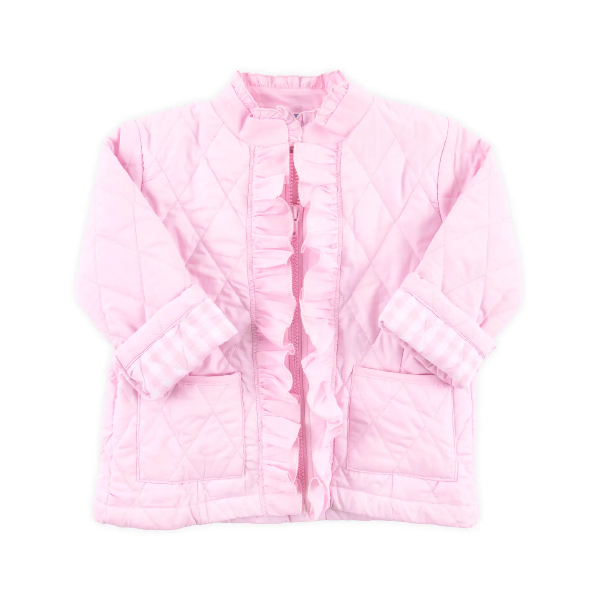 Pink Quilted Ruffle Coat - Cute Girls Jacket with Gingham Lining