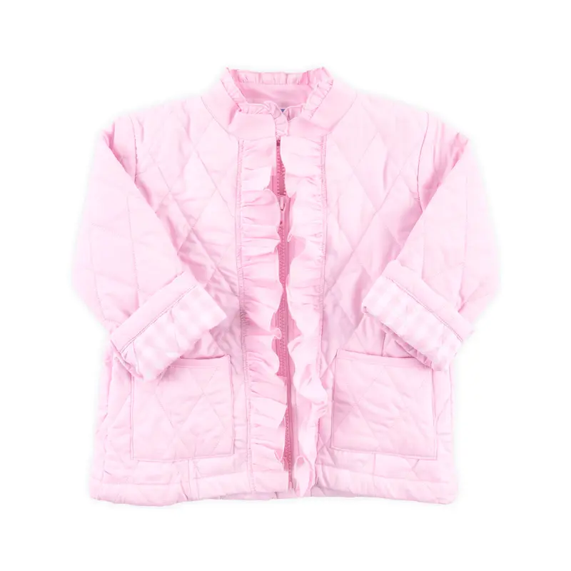 Pink Quilted Ruffle Coat - Cute Girls Jacket with Gingham Lining