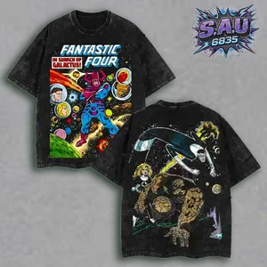 Fantastic Four Comic Graphic Tee In Search of Galactus Illustration Silver Surfer Aesthetic Heavyweight Acid Wash Boxy Fit Premium Oversized Cotton T-shirt for Men Women Streetwear Apparel Top
