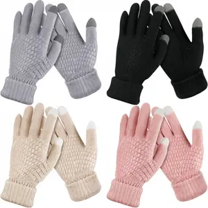 Women's 4-Pairs Unisex Winter Keep Warm Touchscreen Gloves, Soft Fleece-Lined, Knit Elastic Cuff, Texting-Ready, Festive Holiday Christmas & New Year Gift