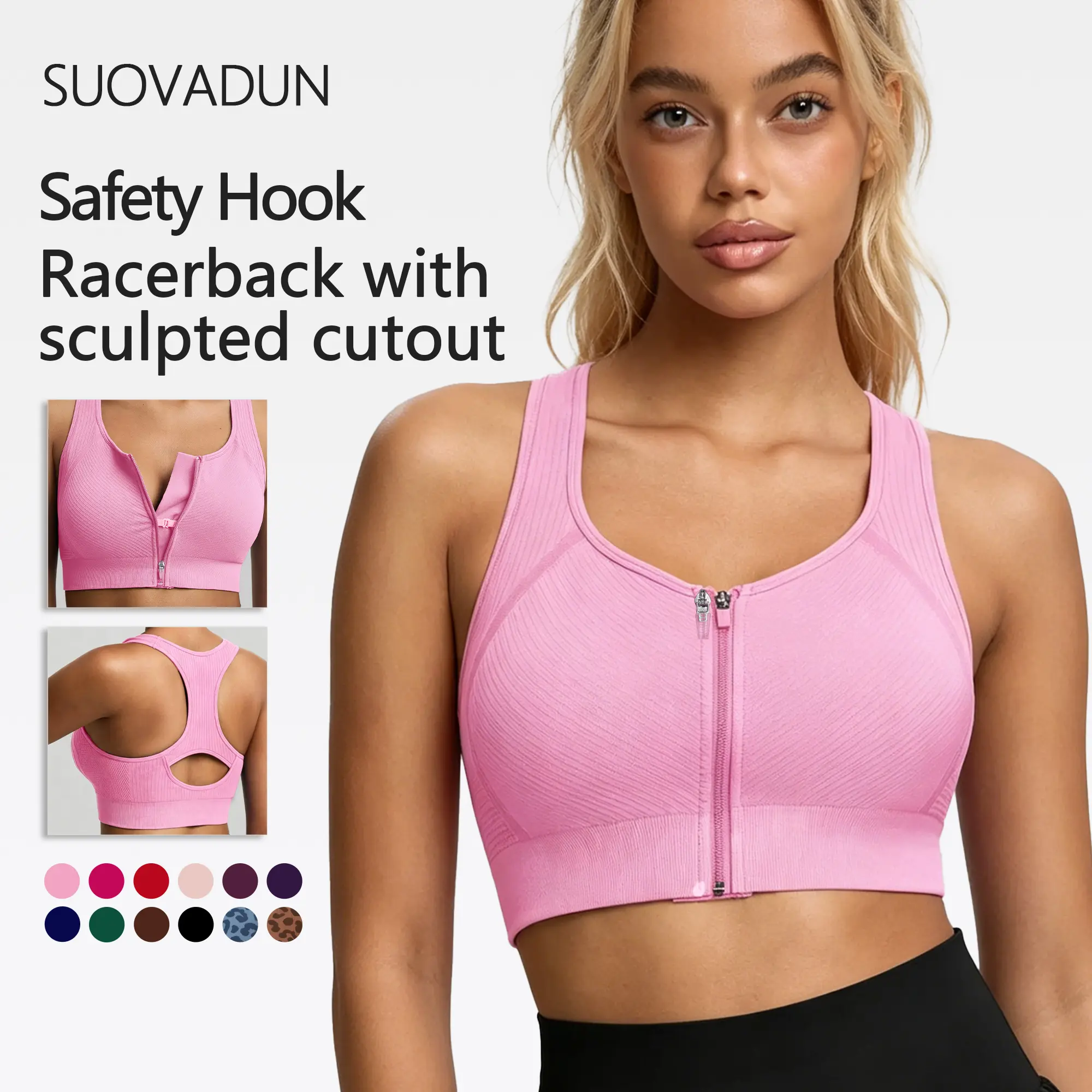 【Discount for live】SUOVADUN Women’s Front-Zip Seamless Racerback Sports Bra - Workout Wear with Sewn-In Pads, Wide Straps, Medium Support for Running, Yoga | Front Zipper | Live Stream Discount