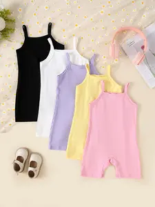 Summer Five-Piece Baby Girls Solid Color Casual Ribbed Tank Romper Shorts Set, Comfortable and Stylish for Toddlers