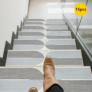 15pcs Light Gray Patchwork Textured Pattern Print Stair Treads, Non-Slip Stair Carpet, Protective Step Carpet, Bordered Stair Treads for Home Decor, Indoor Room Supplies Bedside Accessories. Suitable for Indoor/outdoor Stairs, Wooden or Hard
