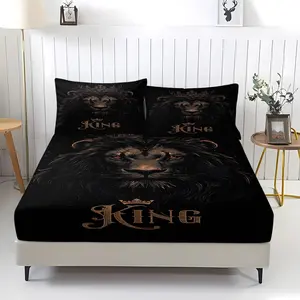 3Pcs Regal Lion King Fitted Sheet Set, No Fillers Bedding Set, Majestic Crown Lion Print Bed Sheet Set, Bold Black & Gold Design, Deep Pocket Wrinkle-Resistant, Ideal for Men, Teens & Modern Bedroom Decor