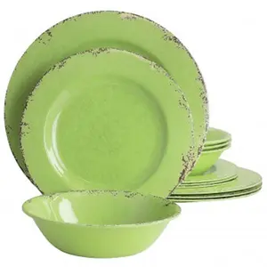 Gibson Mauna 12-Piece Lightweight Melamine Tableware Set - Crackle Green, Dinnerware with Bowls, Casual Melamine Modern Dinner Sets