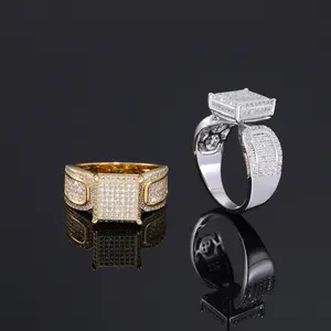 Men's Golden-Silver Tone Bling Square Cubic Zirconia Geometric Statement Ring, Luxury Hip Hop Artificial Gemstone Jewelry Gift for Wedding, Party