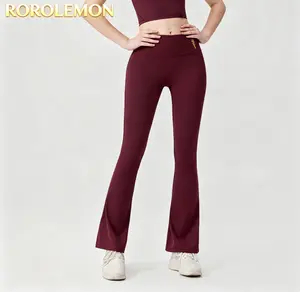 Women’s Seamless Flare Leggings, High Waisted Tummy Control Yoga Pants with Gold Logo, 4-Way Stretch Bootcut Workout Pants