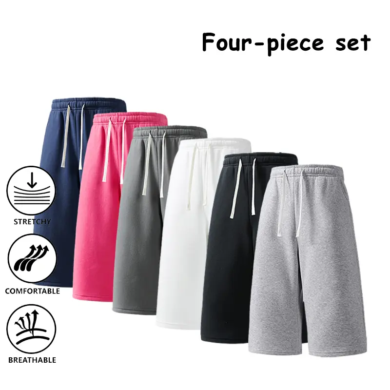 Men’s 4-piece set: loose sweat shorts with elastic waistband, drawstring, stretchy fabric—comfortable casual summer gym and everyday wear bottoms