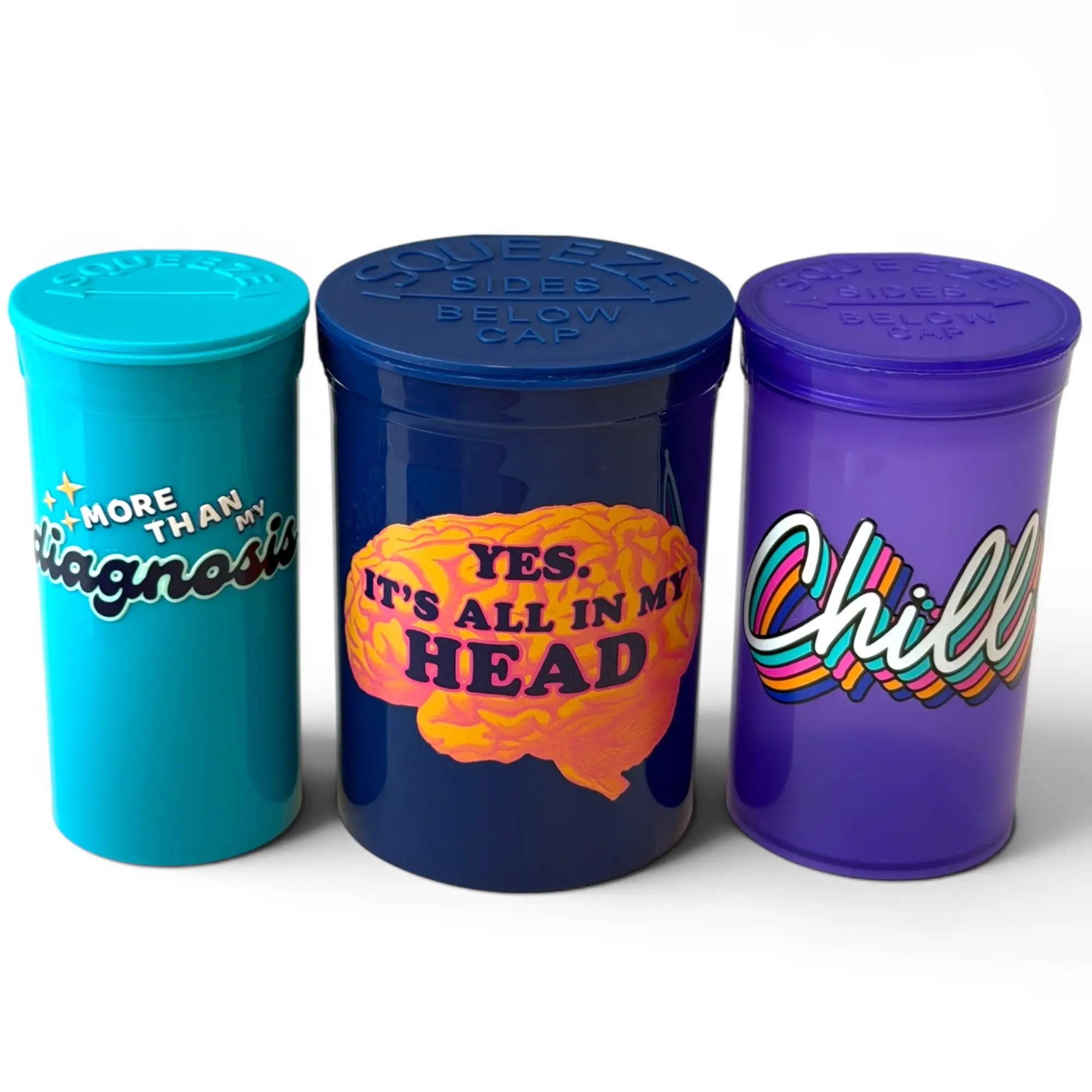 The Happy Pills Co. Chill-ish 3-Piece Set Pop-Top Novelty Storage Bottles - Fun Decorative Containers For Small Item Organization