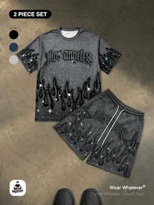 Y2K Rhinestone Star Los Angeles Flame Print 「2-Piece Set」 Breathable Short Sleeve T-Shirt + Loose Shorts, Casual Fashion for Men and Women
