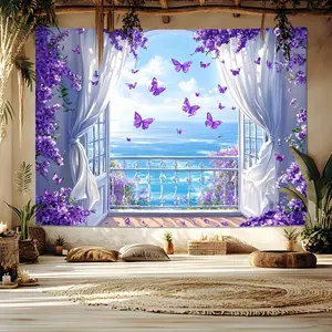 1PC,2D Flat Purple Butterfly Sea View Window Tapestry, Romantic Balcony White Curtain Floral Wall Hanging, Decorative Backdrop for Bedroom & Living Room, Photo & Live Stream Background Decor