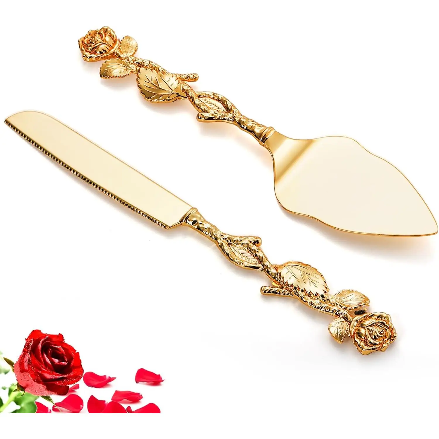 Gold 2-Piece Adult Cake Knife and Spatula Set with Luxury Rose-Shaped Handles, Durable Kitchen Cutlery for Cutting Wedding Cakes, Serving Desserts, Event Tableware Gifts