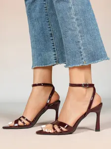 Vintage Brown & Wine Red Patent Leather Cross Strap Chunky Heel Sandals, Pointed Toe Slimming Wedding Date Commuter Women's Shoes