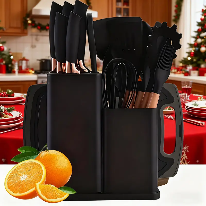 XBJ Silicone Kitchenware Set, Non-stick Pan Set, Silicone Spatula, Heat Resistant, 6-Piece Knife Set, Cutting Board (19-Piece Set, Black)