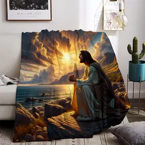 Cozy Jesus Praying Flannel Blanket, Ultra-Soft Plush Christian Throw Blanket Warm Lightweight Fleece Blanket for Couch Bed Sofa, Perfect Religious Home Decor & Gift for Believers, All-Season Comfort Flannel Blanket for Adults