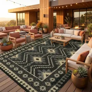 Waterproof Outdoor Rug Retro Geometric Carpet UV-Resistant Plastic Straw Rug Indoor Outdoor Reversible Camping Mat for Porch, Deck, Patio, Balcony, RV