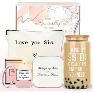 Gift Ideas for Women Cool Presents Set with Funny Glass Cup, Unique Makeup Bag, Scented Candle, Bracelet, Jewelry Tray Burst Basket