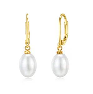 MINDDHA 14K Gold | White Gold Plated Sterling Silver Hoop, AAA+ Quality Faux Simulated Shell Pearl Leverback Dangle Stud Pearl Earrings | Silver Earings, Gold Earrings For Women | Oval and Teardrop Pearl