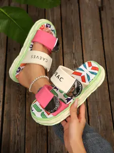 Thick Sole Graffiti Beach Sandals, Casual PU Leather Slippers, Less Than Ankle Height, Rubber Sole, Plain Pattern, Women's Footwear