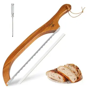 Wooden Bread Bow Knife, 16" Serrated Sourdough Cutter, Premium Stainless Steel Serrated Saw Bread Cutter, Bagel Slicer Knife for Homemade Bread, Bagels, Baguettes and More, Sourdough knife