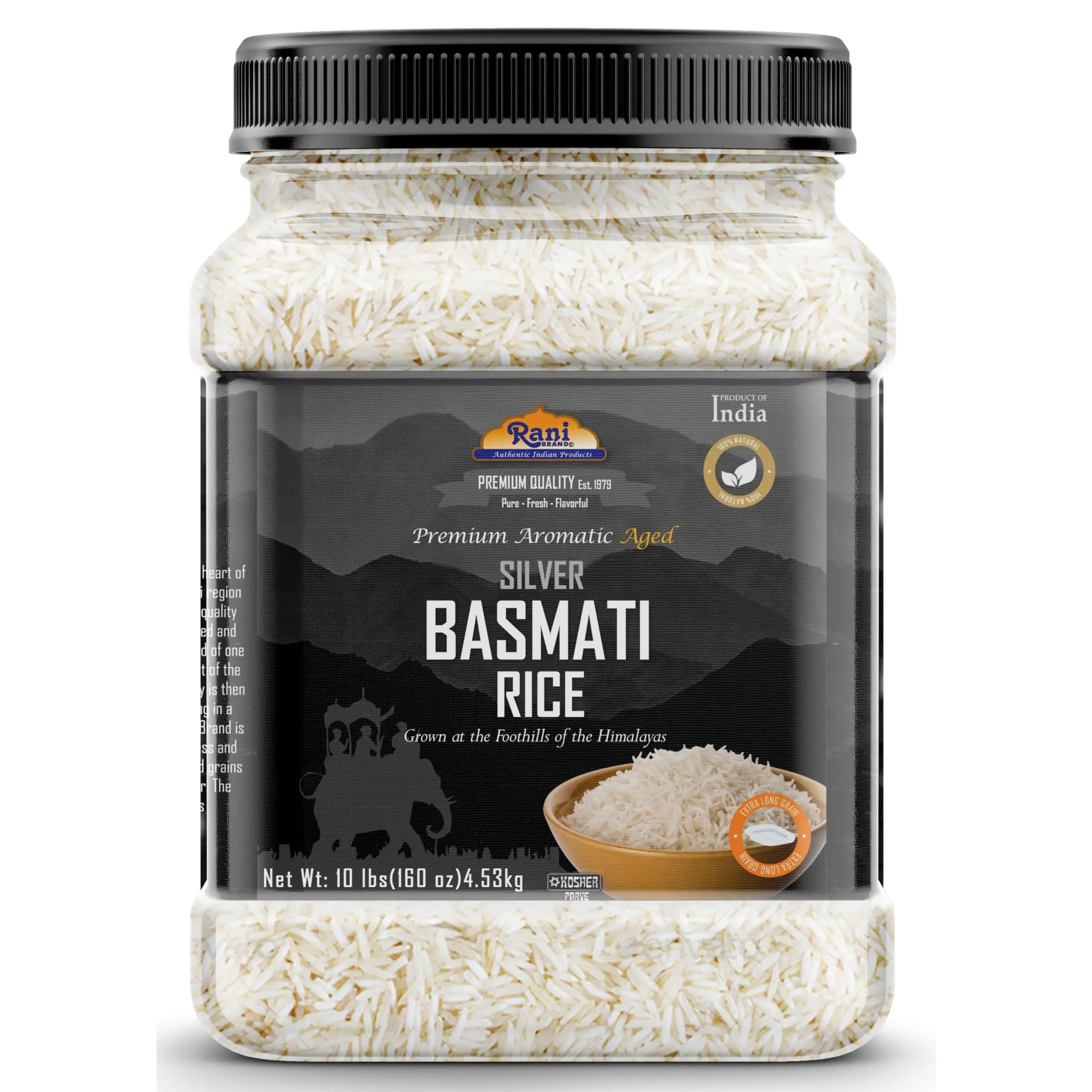 Rani Silver White Basmati Rice Extra Long Aged 160oz (10lbs) 4.53kg PET Jar ~ All Natural | Gluten Friendly | Vegan | Indian Origin | Kosher | Export Quality