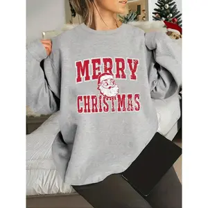 Merry Christmas Santa Claus round neck sweatshirt, retro style, Christmas gift, women's casual loose top, autumn and winter fashion, Christmas sweatshirtRAIMENTRY