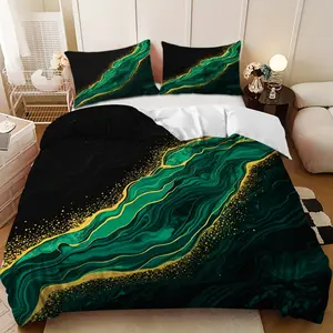 Bedding Set, Decorative Bedding Set - 3PCS Dark Green and Gold Fluid Texture Down Comforter Set (1 comforter cover + 2 pillowcases, filling not included), soft and comfortable, suitable for family bedrooms and guest rooms