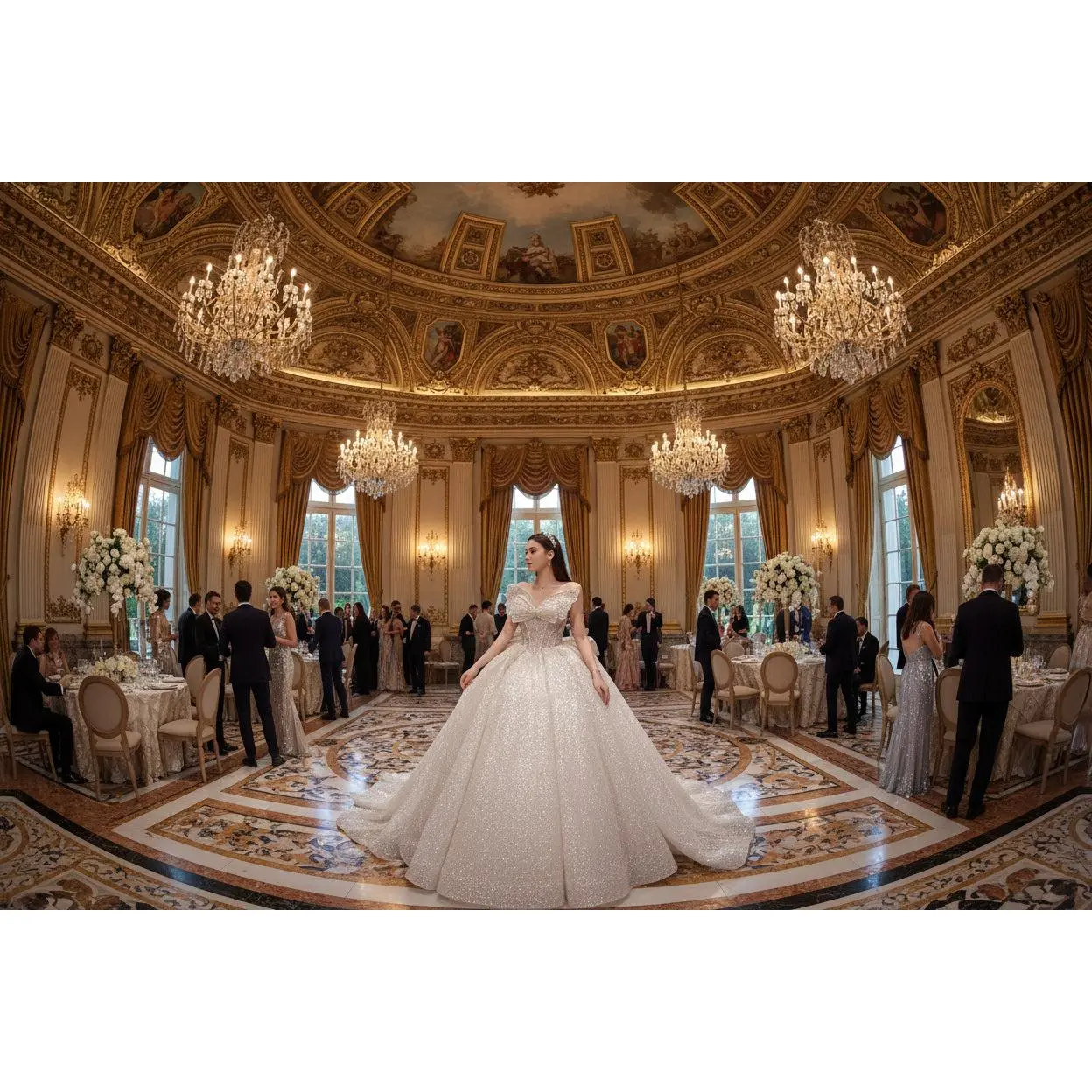 One-shoulder High-quality Long Trailing Heavy Industry Retro Wedding Dress