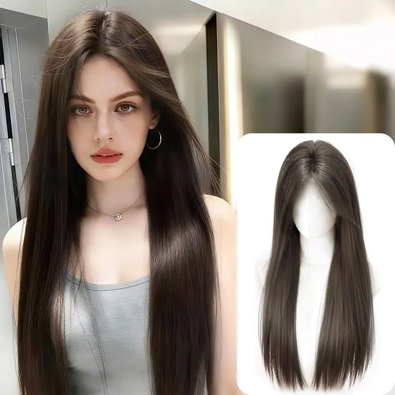 Lotfon Female Glueless Headband Wig - Cool Brown Long Straight Heat Resistant Synthetic Full Machine Wig, Adjustable Ready-to-Wear with Realistic Scalp, Glueless Wigs, Headband Wigs