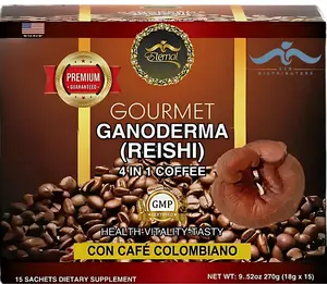Eternal Colombian Coffee with Ganoderma (Reishi) – 4 in 1 Beverage with Sugar and Non-Dairy Creamer, 15 Sachets
