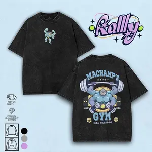 Vintage Machamp Gym Anime Double Oversized Washed Tee Unisex Anime Lover Cotton Fabric men gifts merch Stylish Clothes Streetwear Relaxed FitS