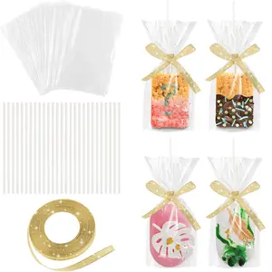 50 Pack Rice Krispy Treats Bag with Sticks Kit: Clear Plastic Container for Small Cakesicles, Marshmallow Square, Cake Pop, Crispy Treat Packaging Holder with Gold Ribbon for Wedding Party Christmas