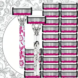 Manual Shaver with 2 Handles & 24/42 Replacement Blades, Stainless Steel, Anti-Slip Handle, Men's Grooming, Women's Hair Removal, Gift