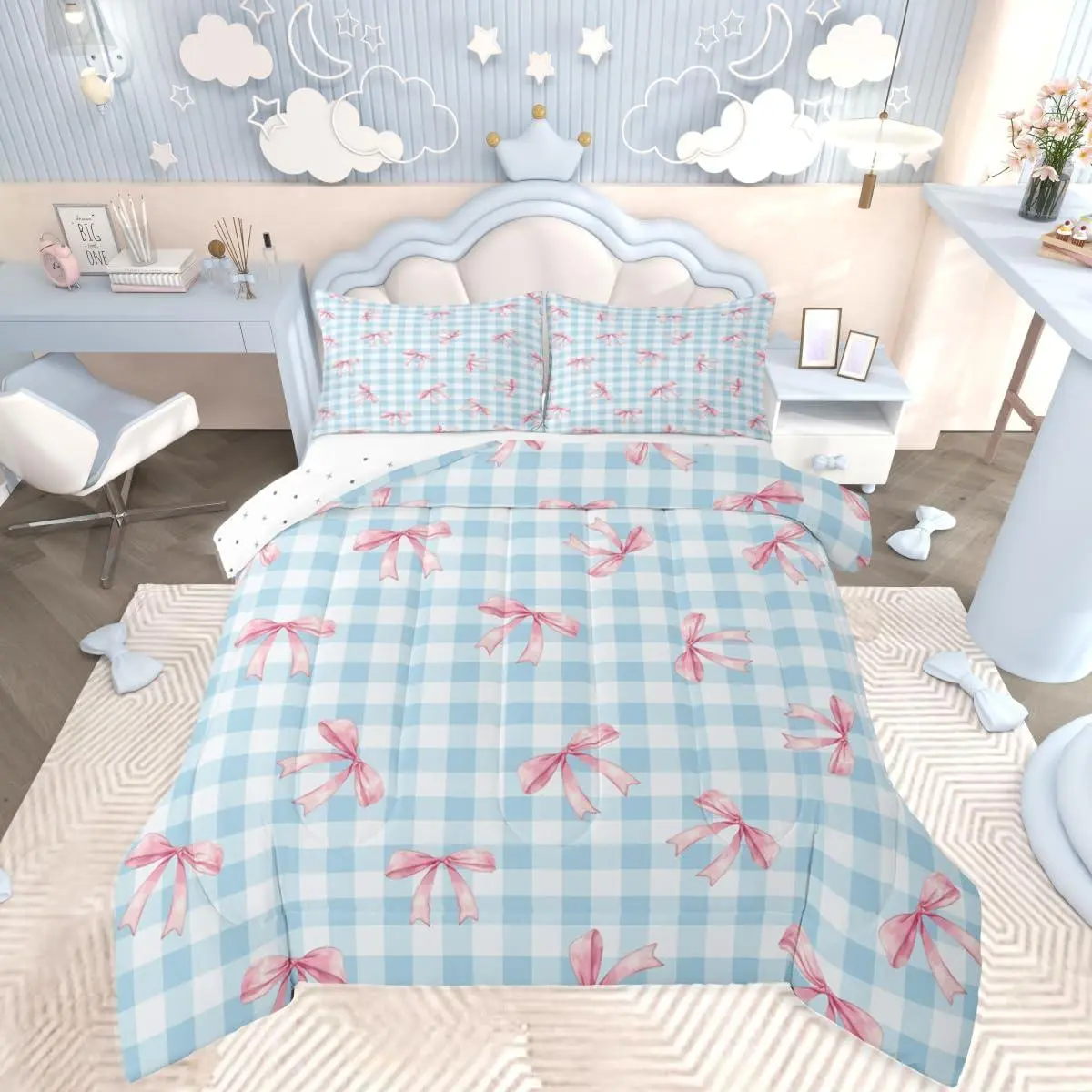 Bowknot Comforter Set Blue Pink Bedding Set for Kids Boys Girls Pink Bow Duvet Quilt Colourful Bowknot Bedroom Decor Microfiber