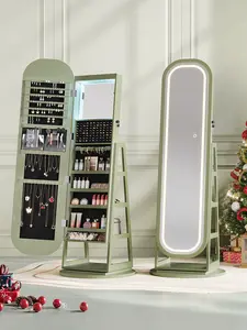 【Valentine's Day Gift & Full-Length LED Mirror】ONBRILL Gorgeous Lockable 360° Swivel Jewelry Cabinet with Light,Jewelry Organizer Armoire Standing with Interior Mirror&Storage Shelve for Cloakroom LivingRoom Bedroom Furniture