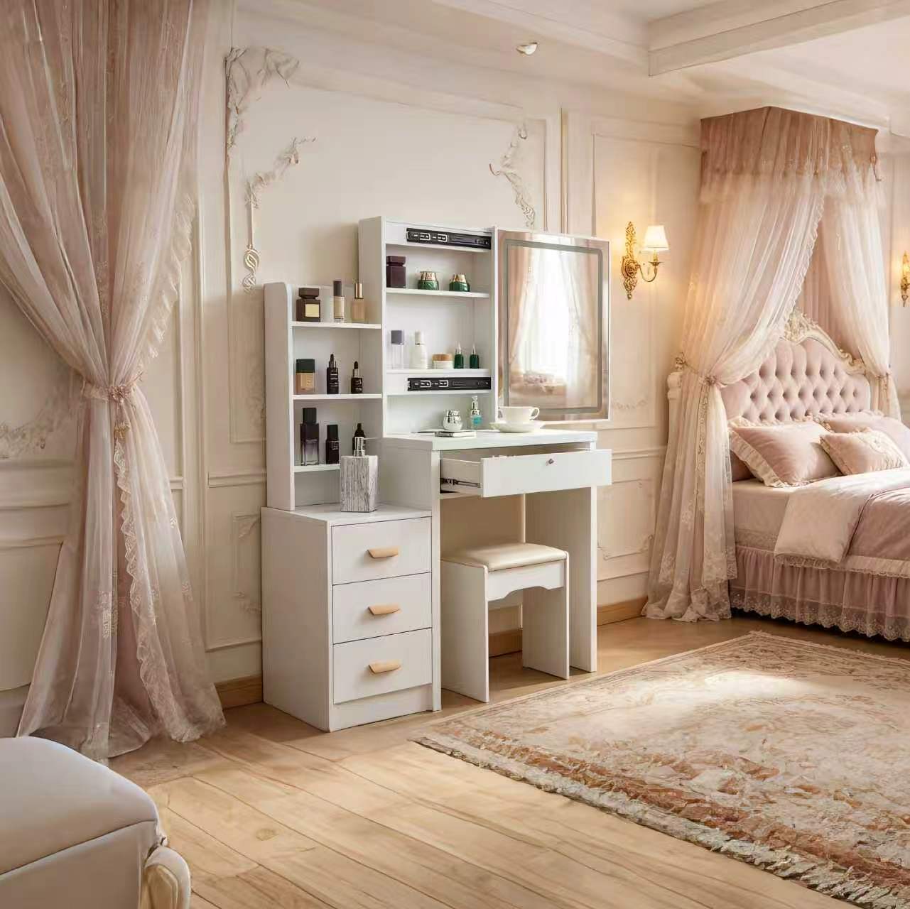 Modern White Vanity Desk with Mirror and Lights 3 Lighting Modes European Style Dressing Table with 4 Drawers & Shelf Makeup Vanity Table for Bedroom Gifts for Girls and Women