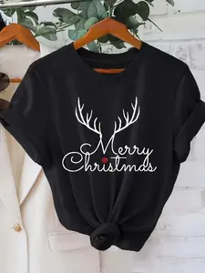 Christmas-Themed Women'S Shirt - Comfortable Daily Party Top Featuring 'Merry Christmas' - Black Holiday T-Shirt That Is Machine Washable - Casual Round Neck Wear Suitable for Any Season